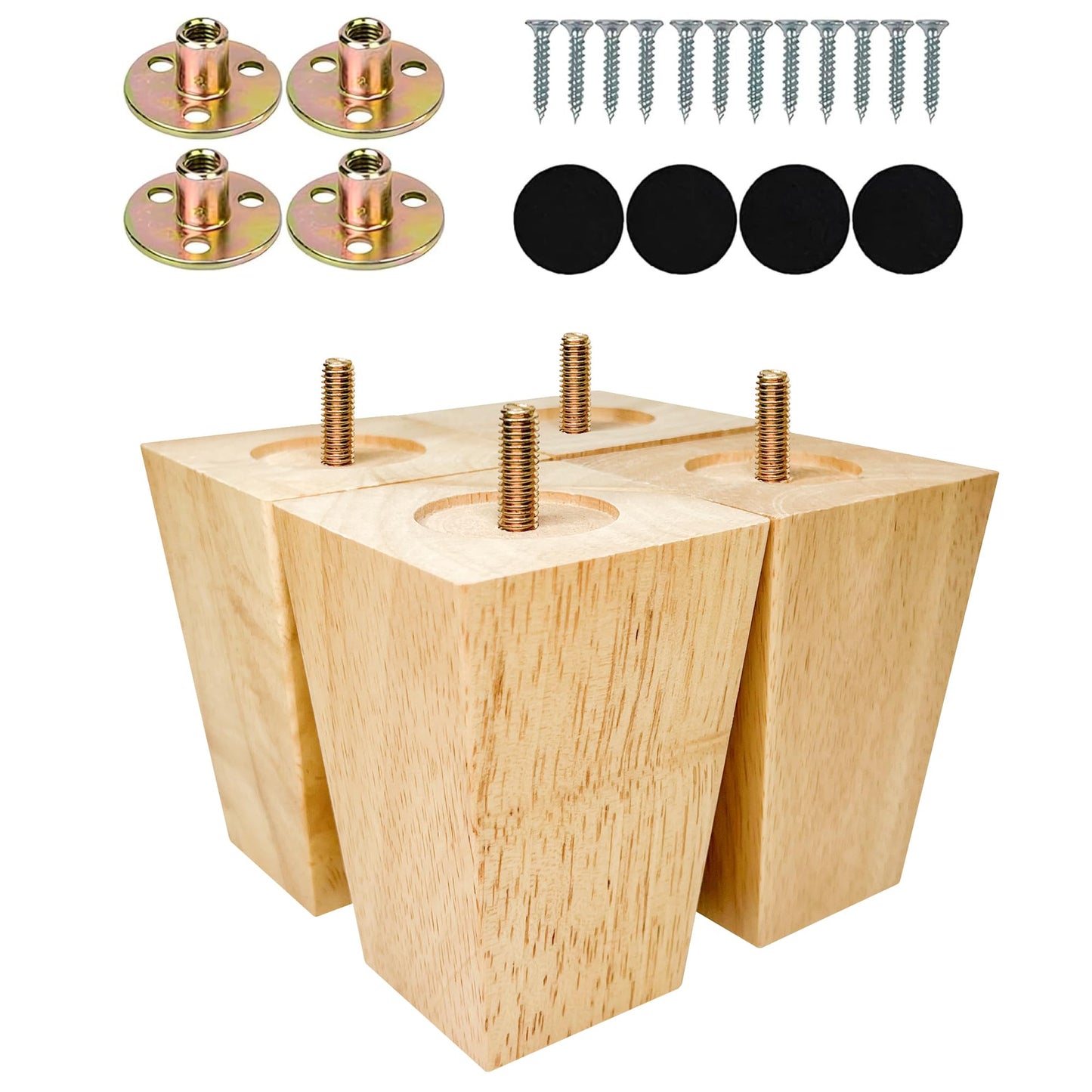 Albo Wood Furniture Legs 4 inches, Heavy Duty Sofa Legs, Pack of 4 Square Couch Legs Covered with Clear Varnish, Sofa Replacement Parts, for Dresser Legs, Sideboard, Recliner Couch, Circle Chair