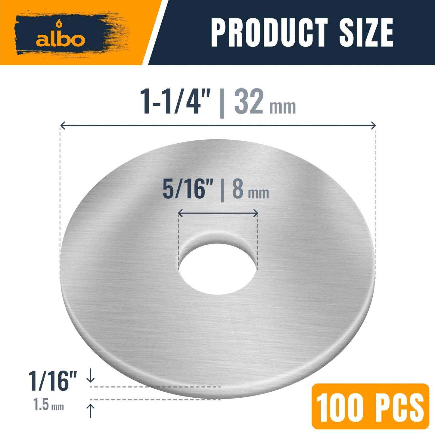 ALBO 100 Pcs Stainless Steel Fender Flat Washers 5/16" x 1-1/4" for Bolts and Screws, Heavy Duty 304 Stainless Steel Hardware for Industrial & Home Use