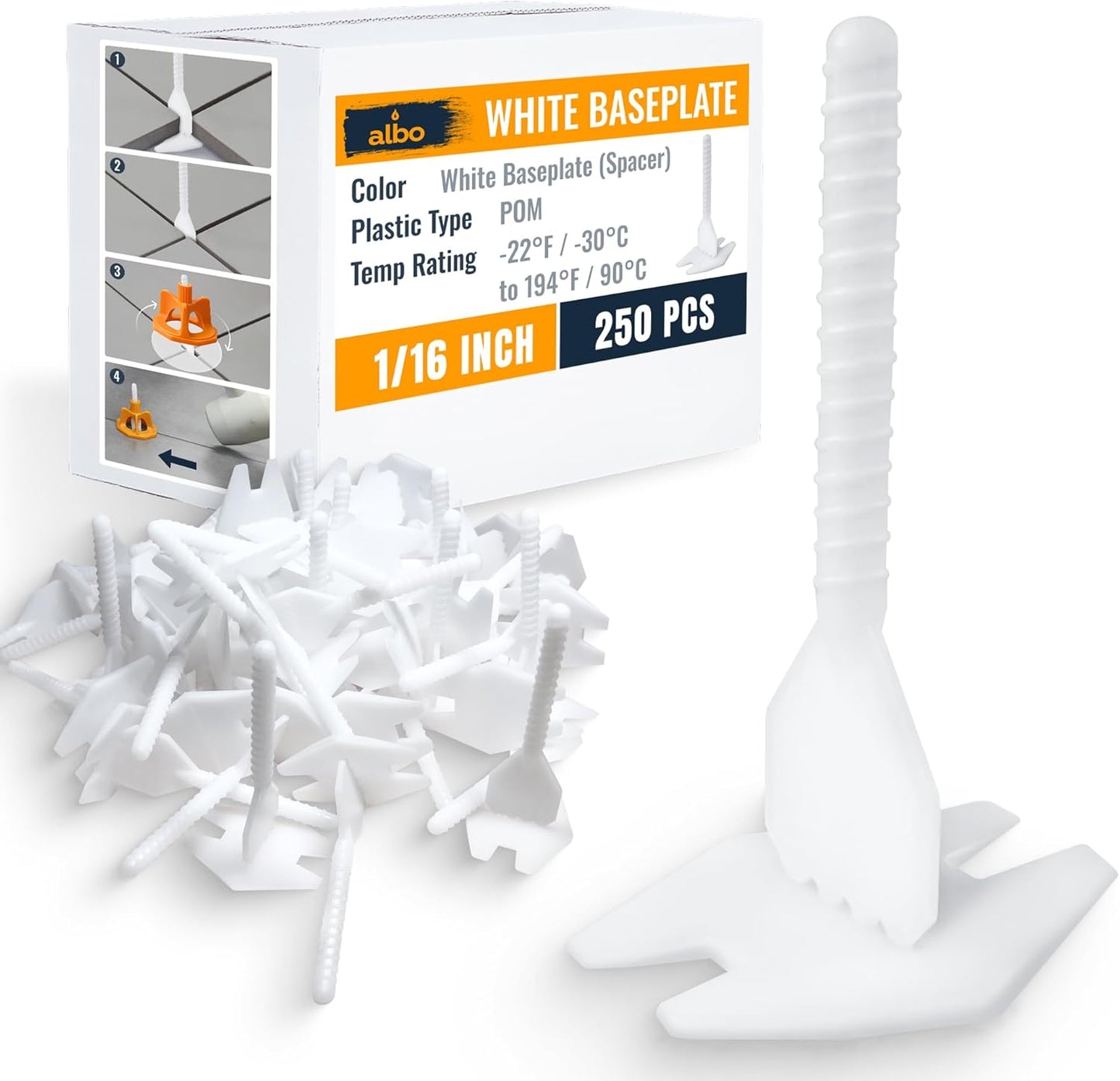 ALBO Tile Leveling System Base Plates 1/16" - 250 PCS - Professional Floor & Wall Spacers, Anti-Lippage Installation Clips for All Tile Formats, Self-Leveling Spacer System New