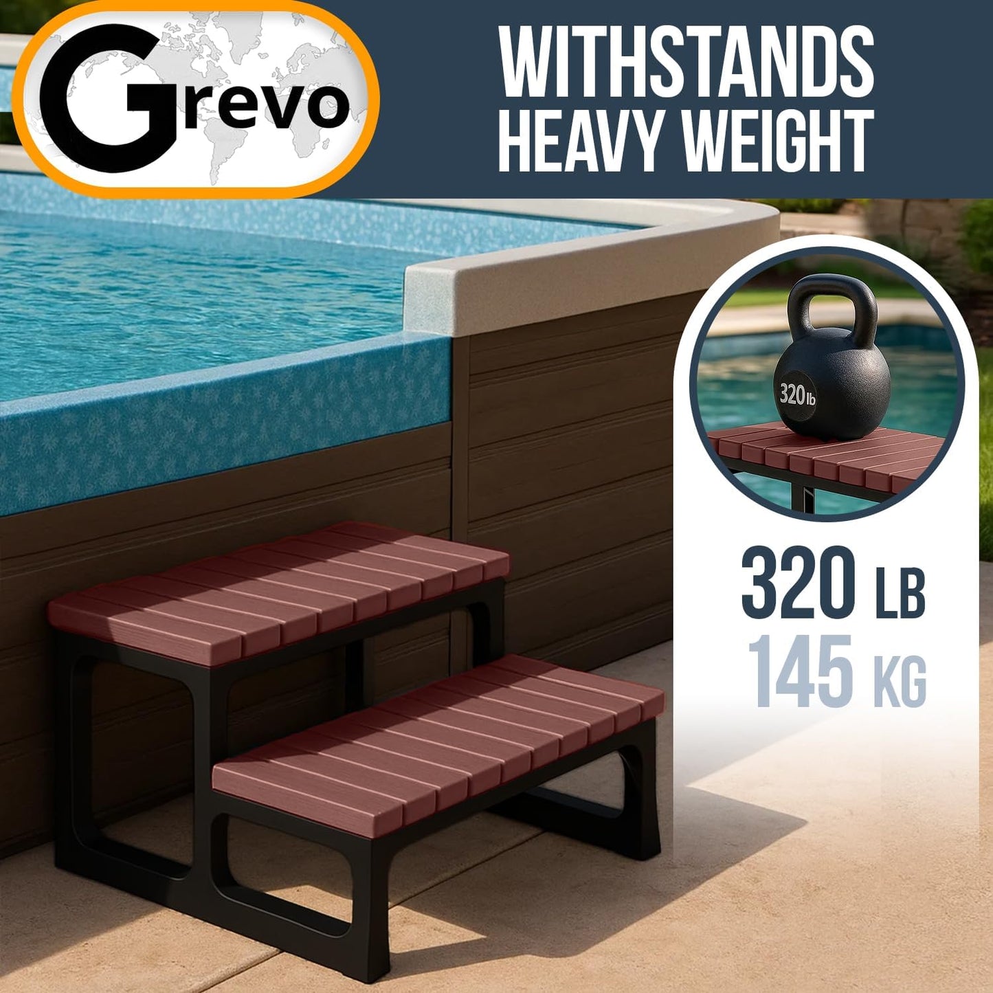 Grevo Hot Tub Steps 2-Step Brown High-Density Polyethylene