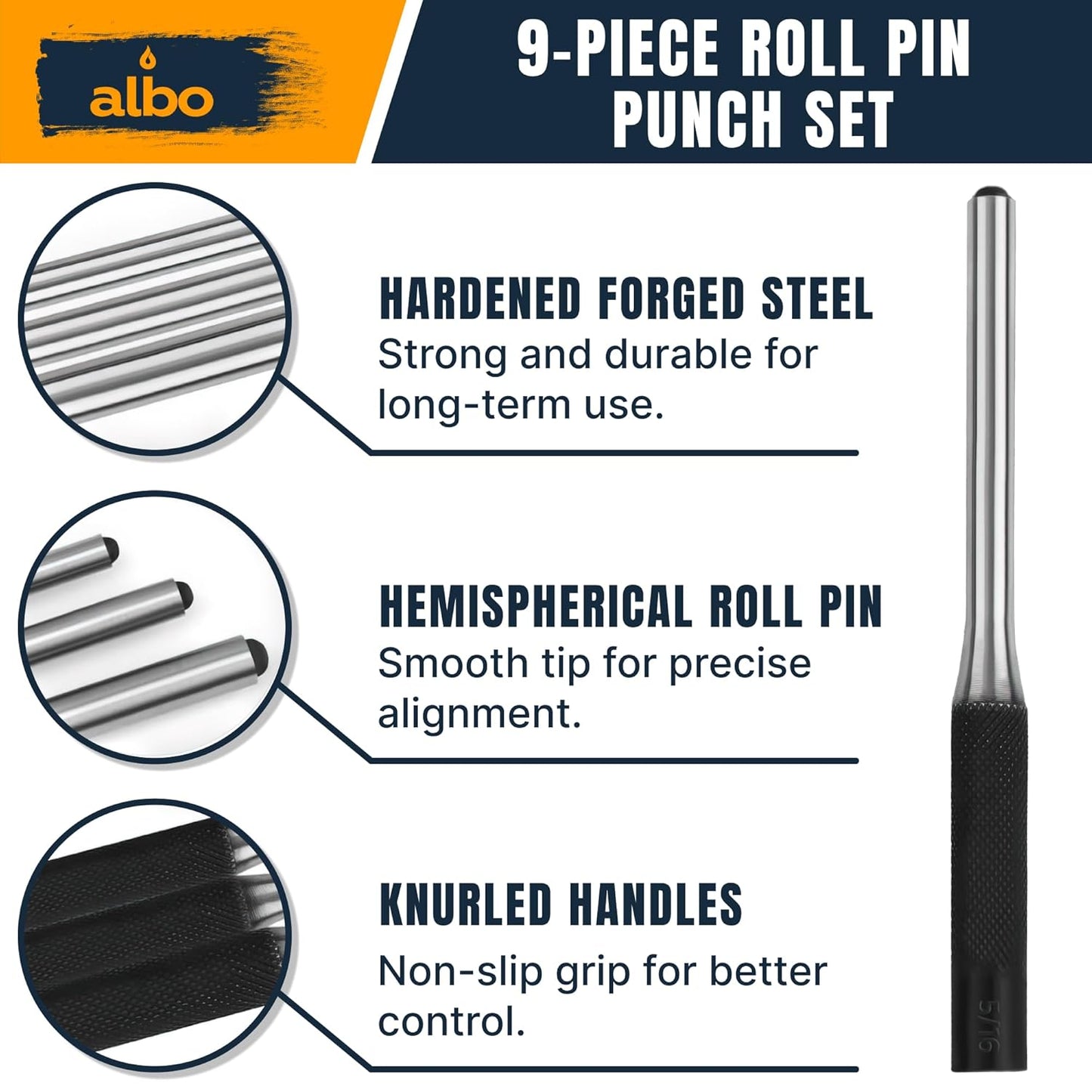 ALBO Pin Punch Set SAE 1/16–5/16 in Chrome Vanadium Steel 9pcs