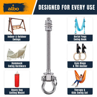 Albo 6 Pack Heavy Duty Swing Hangers – 7 Inch, 304 Stainless Steel, 1800 lbs Swivel Hooks for Porch, Punching Bag, Hammock, Yoga, Gym, Playground, Ceiling Mount for Wood & Concrete Indoor Outdoor