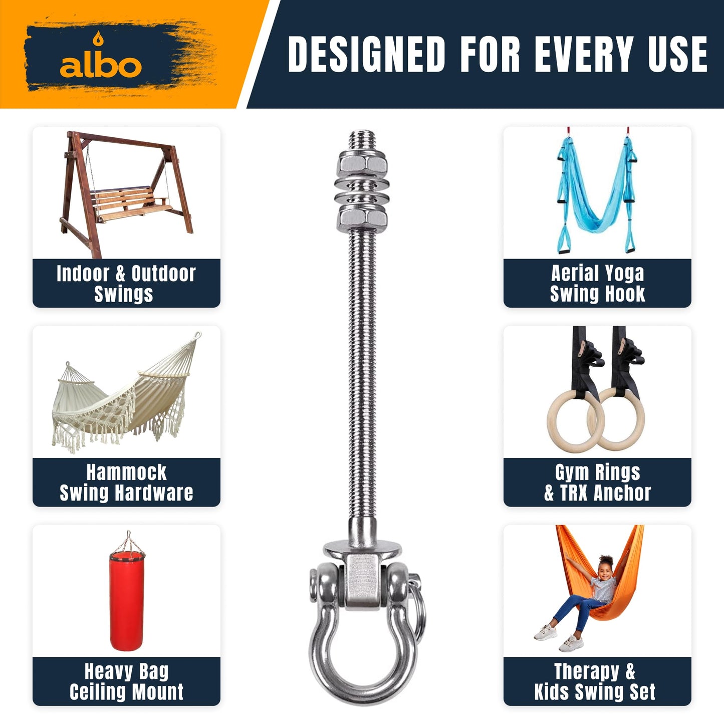Albo 2 Pack Heavy Duty Swing Hangers – 7 Inch, 304 Stainless Steel, 1800 lbs Swivel Hooks for Porch, Punching Bag, Hammock, Yoga, Gym, Playground, Ceiling Mount for Wood & Concrete Indoor Outdoor