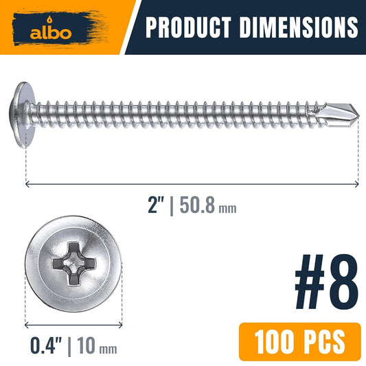 ALBO #8 x 2 inch 410 Stainless Steel Self-Tapping Screws 100pcs