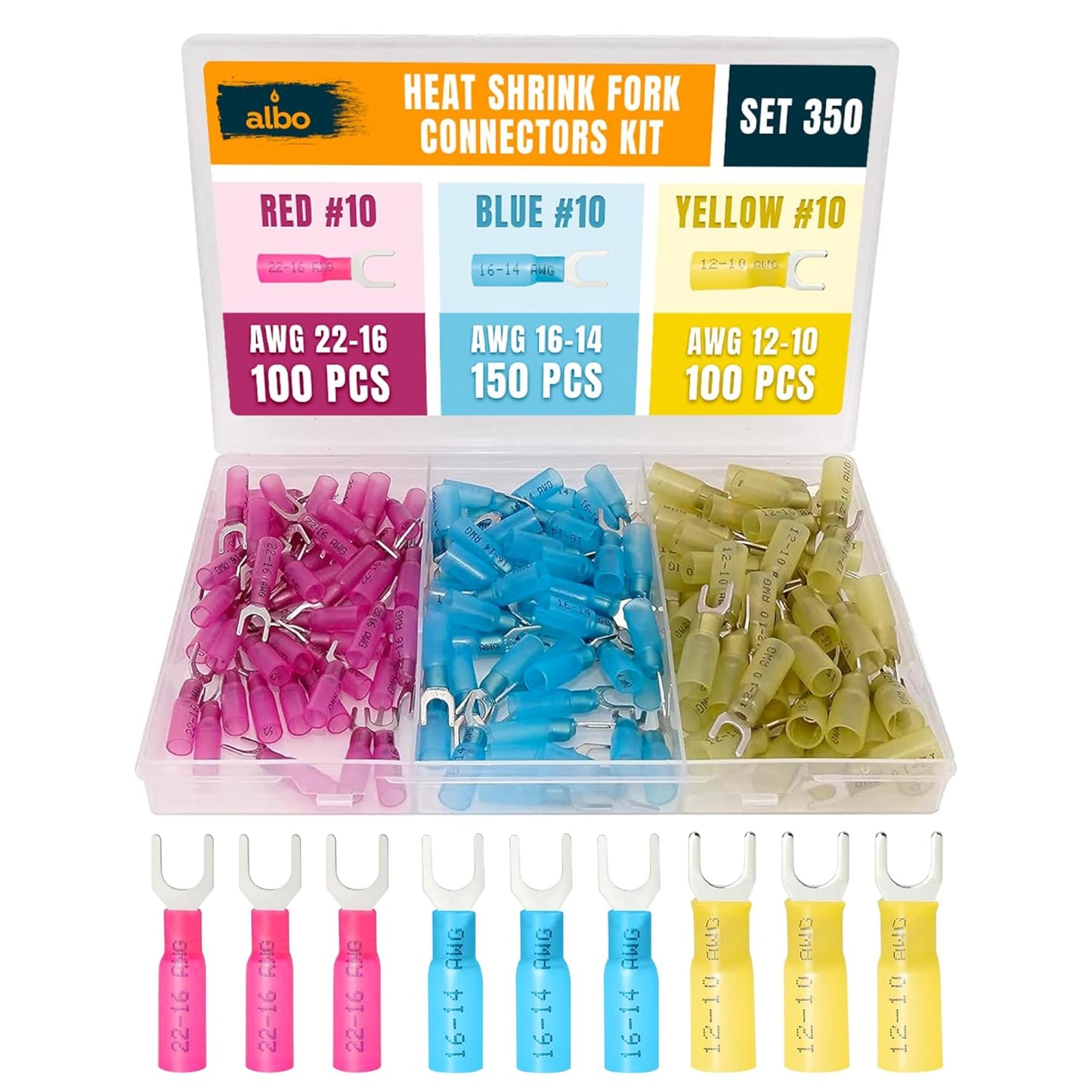 150PCS Blue Heat Shrink Fork Spade Connectors #10 – 16-14 AWG Tinned Copper Terminals, Waterproof Wire Crimp Kit for Automotive, Marine, Speaker & Electrical Wiring