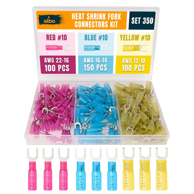200PCS Red Heat Shrink Fork Spade Connectors #10 – 22-16 AWG Tinned Copper Terminals, Waterproof Wire Crimp Kit for Automotive, Marine, Speaker & Electrical Wiring
