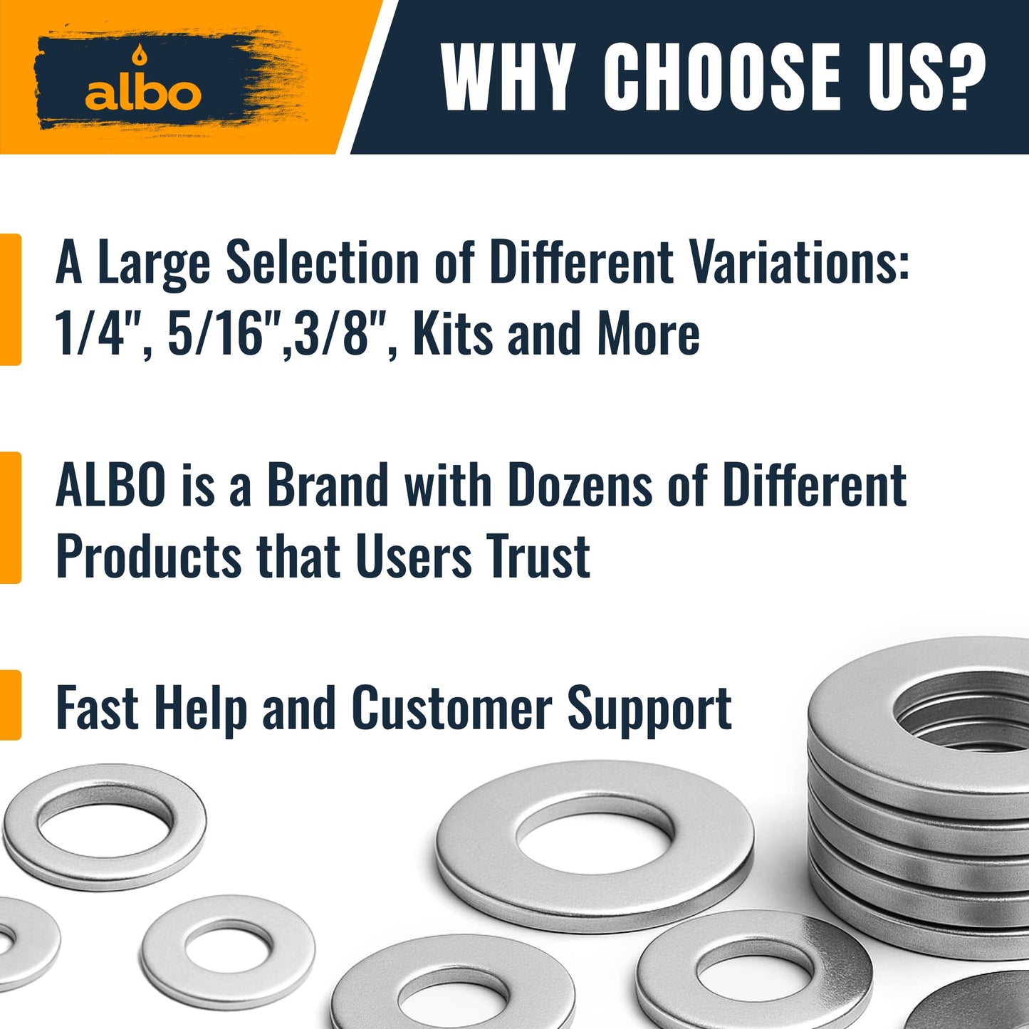 ALBO 500 Pcs Stainless Steel Fender Washers Assortment Kit – Flat Washers Set for Screws & Bolts, 304 Stainless Steel, Assorted Sizes M3-M12, #6-#12, 1/4" to 1/2" for Industrial & DIY Use