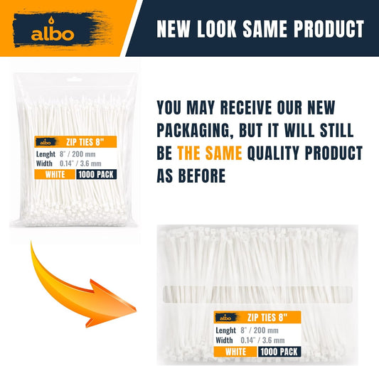 ALBO Zip Ties White 8 inch 1000 Pack 40lb