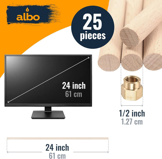 ALBO Birch Wooden Dowel Rods 1/2 x 24 inch 25pcs