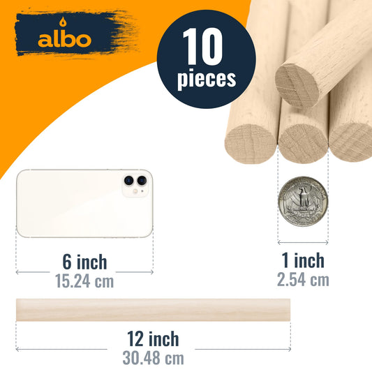 ALBO Birch Wooden Dowel Rods 1" x 12" 10 Pack