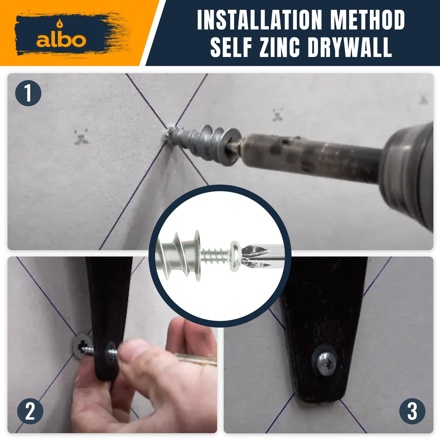 ALBO #6 Zinc Self-Drilling Drywall Anchors, 200PC Set – Includes 100 Heavy Duty Sheetrock Anchors & 100#6 x 1-1/4'' Screws – 75LB Capacity for Hanging and Mounting