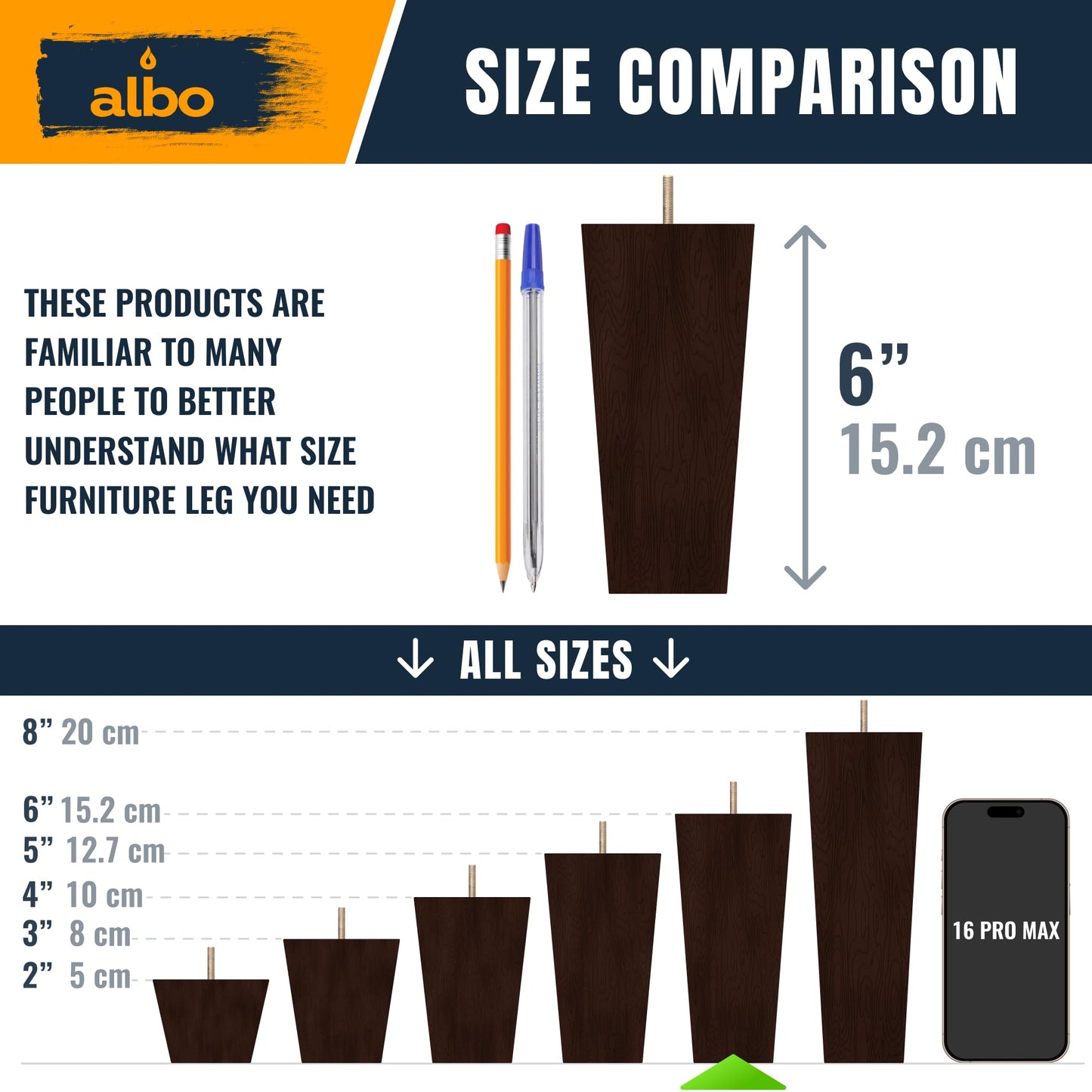 Albo Wood Furniture Legs 6 inch, Heavy Duty Sofa Legs, Pack of 4 Square Brown Couch Legs, Sofa Replacement Parts, for Dresser Legs, Sideboard, Recliner Couch, Circle Chair Couch Riser Coffee Table
