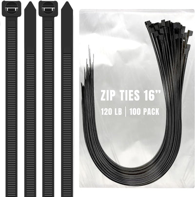 ALBO Black Zip Ties 16 Inch, Nylon Wire Ties for Indoor and Outdoor, Pack 100 pcs