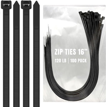 compare product ALBO 100 Pcs. Black Heavy-Duty Zip Ties, 16 Inch, 120 lb Tensile Strength