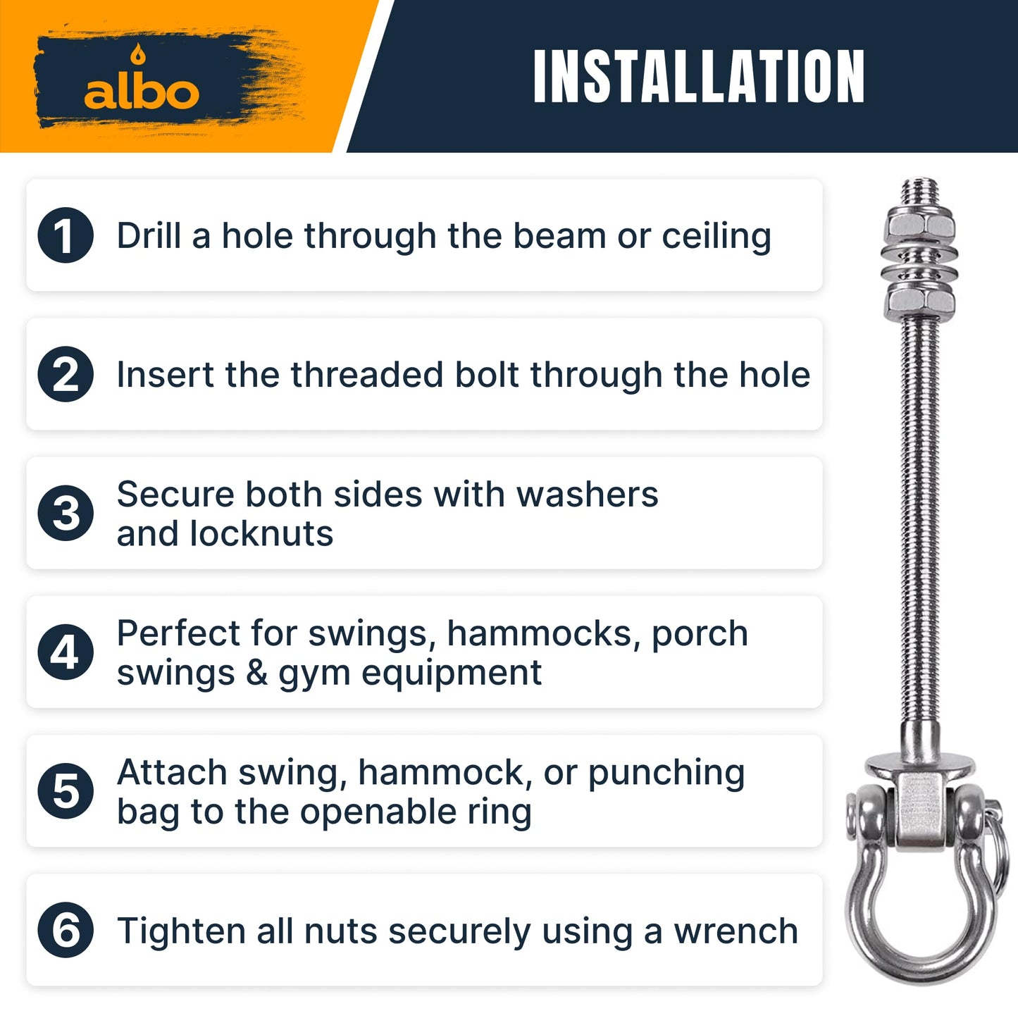 Albo 2 Pack Heavy Duty Swing Hangers – 7 Inch, 304 Stainless Steel, 1800 lbs Swivel Hooks for Porch, Punching Bag, Hammock, Yoga, Gym, Playground, Ceiling Mount for Wood & Concrete Indoor Outdoor