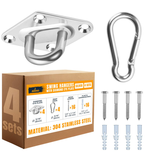 Albo Diamond Plate 2650lbs Swing Hangers 4 PCS - Heavy Duty Ceiling Mount Hooks with Snap Carabiners, 304 Stainless Steel for Wood & Concrete & Metal, Indoor Outdoor Anchor for Hammock, Yoga, TRX
