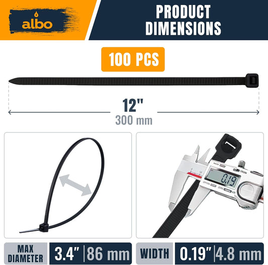 ALBO Black Zip Ties 12 inch 100 Pack 50lb Heavy Duty