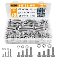 ALBO Hex Head Bolts and Nuts Grade 5 Zinc Plated 1/4"-3/8", 1/2"-1-1/2" Lengths, 300pcs