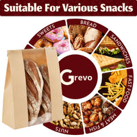 Brown Craft Paper Bread Bags with Window & Tin Ties (30 Pack + Stickers) - 14x8.3x3.5" Bakery Bags for Homemade Bread, Small Batch Baking, Home Bakery, Fresh Pastries & Bake Sale Gift Packaging