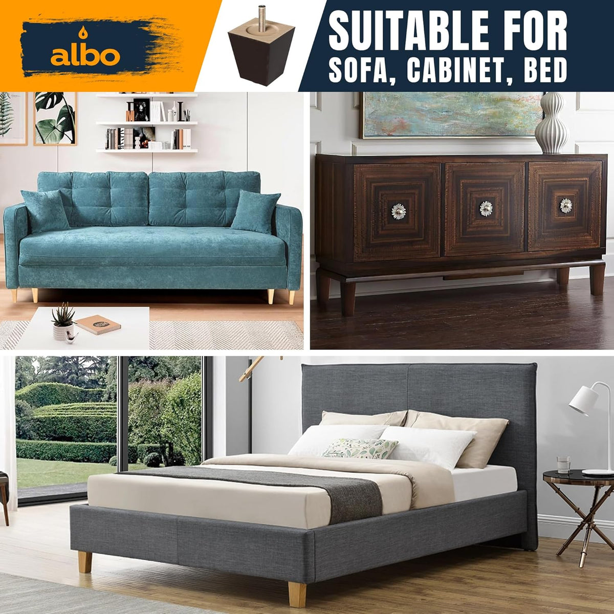 Albo 3 inch Brown Wood Heavy Duty Furniture Legs 4pcs