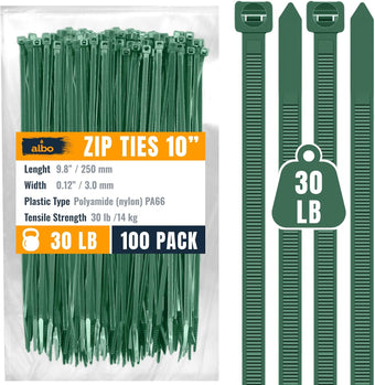 compare product ALBO 100 Pcs. Green Zip Ties, 10 Inch, UV-Resistant Nylon Cable Ties for Indoor/Outdoor Use