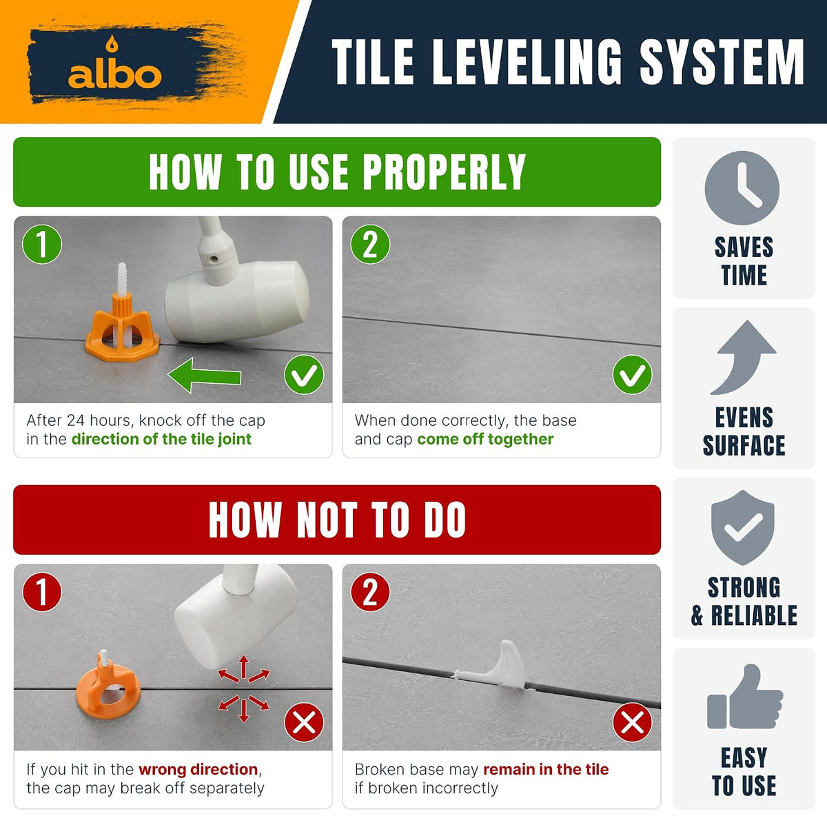 ALBO Tile Leveling System Set 1/16 inch - 400 PCS - Professional Floor & Wall Spacer Kit with Reusable Caps