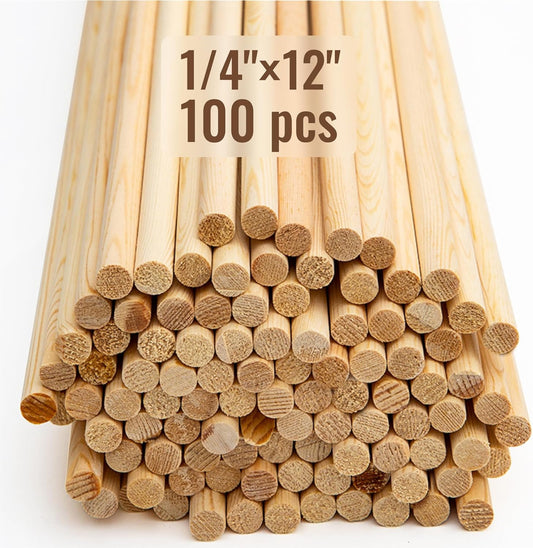 Bamboo Wooden Dowel Rods 100 PCS 1/4" x 12" Inch Round Wood Sticks for Crafts, DIY Projects and Macrame Hardwood Assorted Bouquet Sticks Cake Dowels for Tiered Cakes