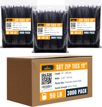 ALBO Black Zip Ties 12 Inch, Nylon Wire Ties for Indoor and Outdoor, Pack 3000 pcs