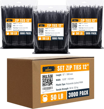 ALBO Black Zip Ties 12 Inch, Nylon Wire Ties for Indoor and Outdoor, Pack 3000 pcs