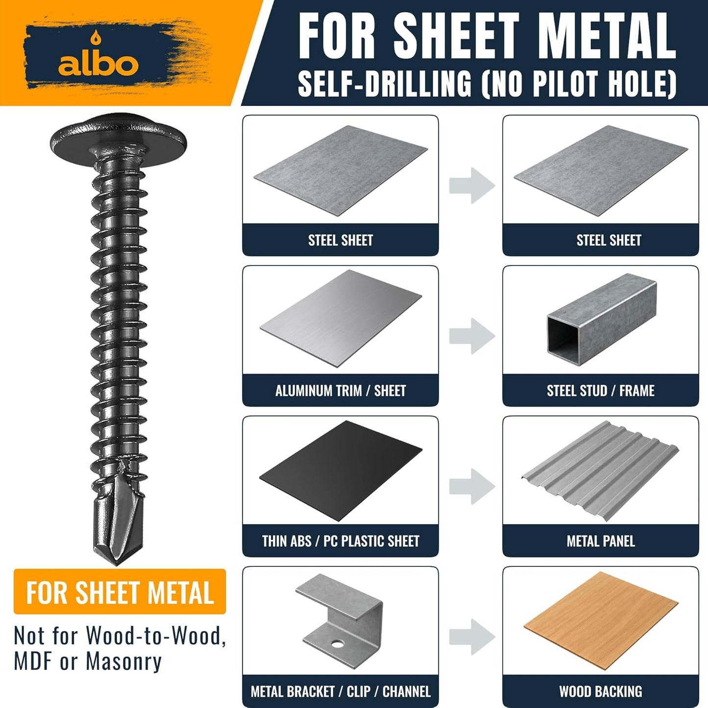 ALBO #8 x 1-1/4 inch Black Stainless Steel Self-Tapping Metal Screws 200pcs
