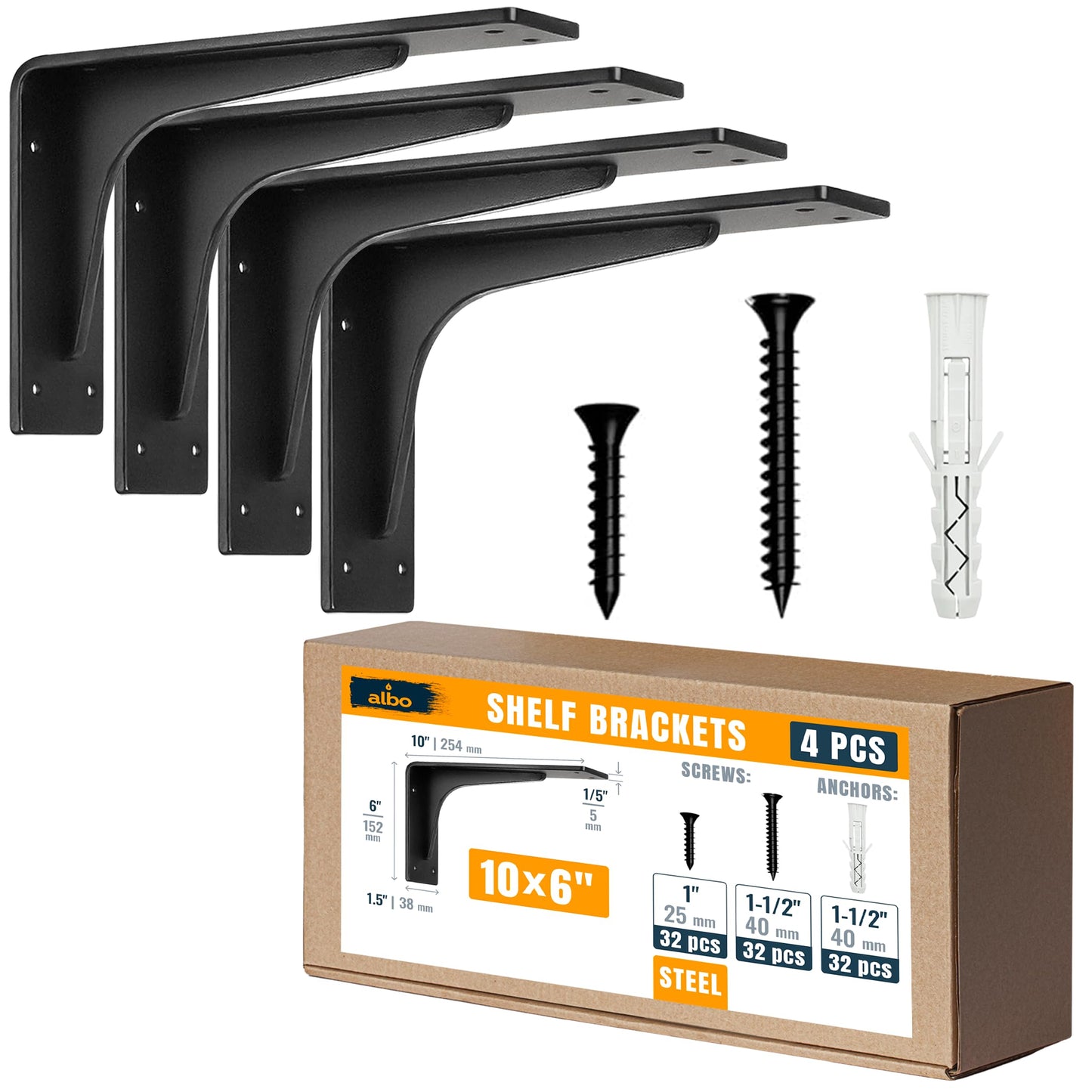 ALBO 10" Heavy Duty Countertop Support Brackets 4PCS, 400 lb 5 mm Steel – Hidden Floating Shelf Corbel | Matte Black Powder-Coated L Brackets Incl Screws & Anchors for Quartz Granite Wood Concrete