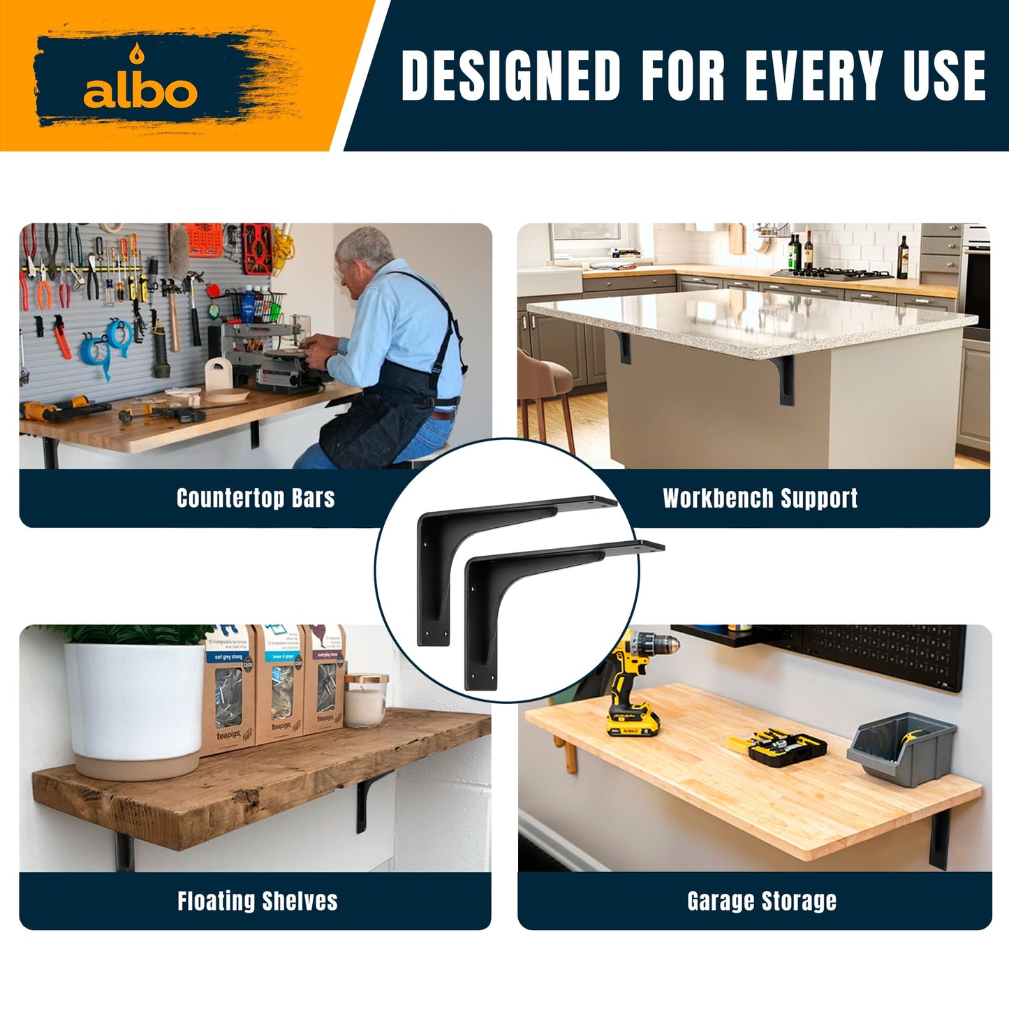 ALBO 12" Heavy Duty Countertop Support Brackets 4PCS, 400 lb 5 mm Steel – Hidden Floating Shelf Corbel | Matte Black Powder-Coated L Brackets Incl Screws & Anchors for Quartz Granite Wood Concrete