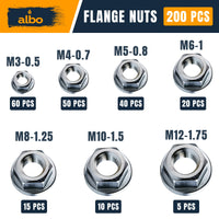 ALBO 200 PCS Metric Hex Flange Lock Nuts Assortment Set – Stainless Steel 304 Metric Nuts in Reusable Box – Hardware for Automotive & DIY – M3, M4, M5, M6, M8, M10, M12