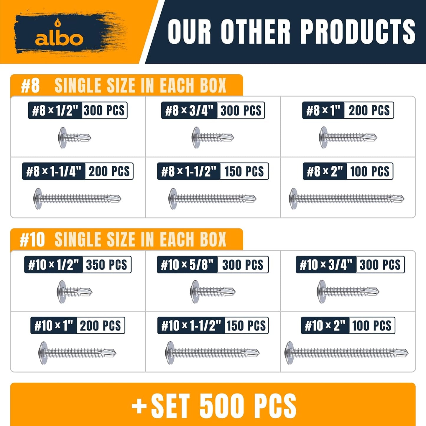 ALBO Stainless Steel Self-Tapping Metal Screws 500pcs