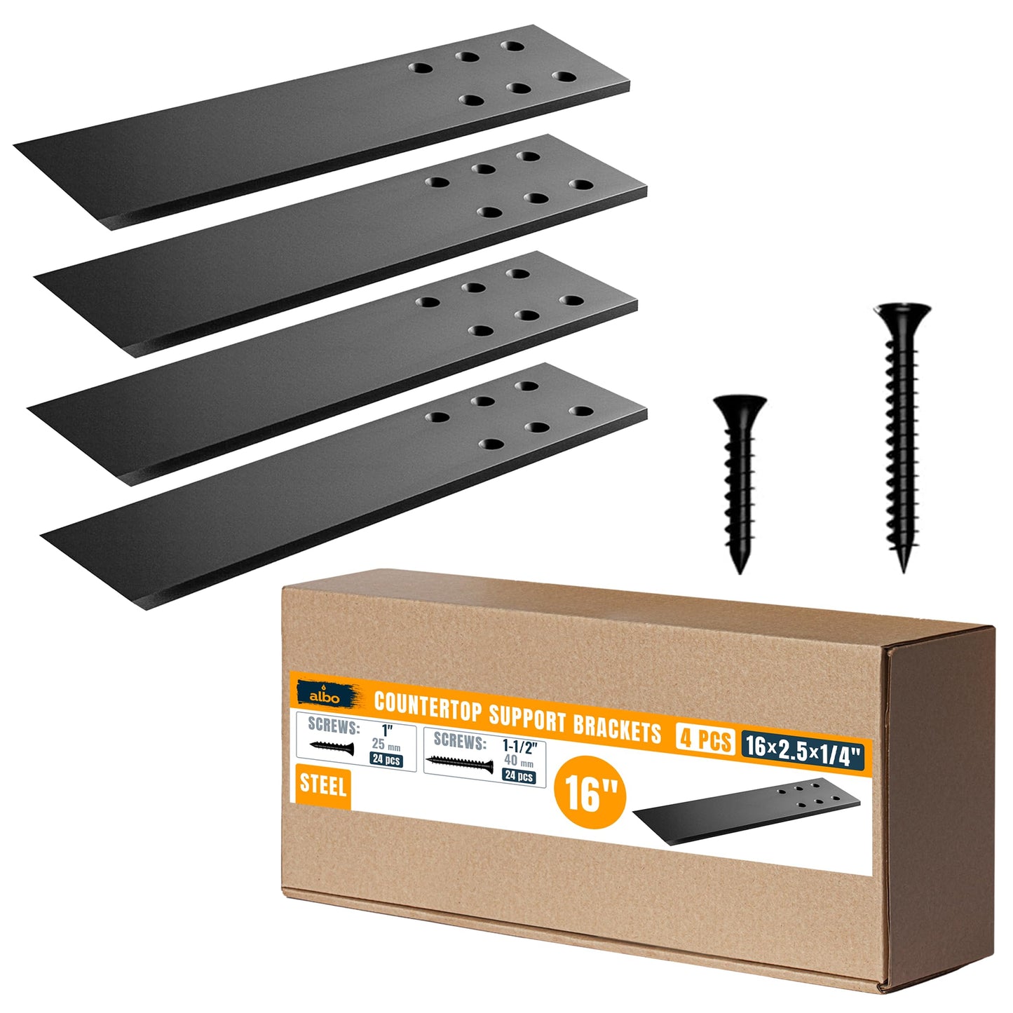 ALBO 16" Heavy Duty Flat Countertop Support Brackets 4 PCS, 300 lb 1/4" Steel - Hidden Flush-Mount Corbel | Matte Black Powder-Coated with Screws for Quartz Granite Wood Kitchen Island Bar Tops