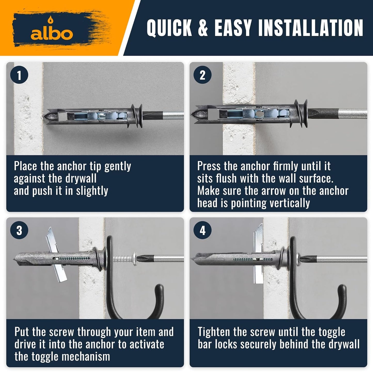 ALBO EZ Self-Drilling Drywall Toggle Anchors Kit Heavy Duty Metal Anchors 10pcs