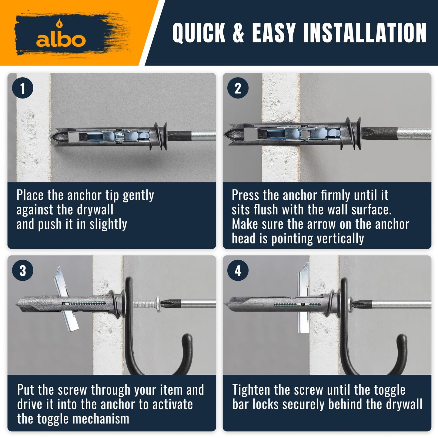ALBO EZ Self-Drilling Drywall Toggle Anchors Kit – Heavy Duty Metal Anchors with Screws (10 Pack) – Holds Up to 100 lbs – Perfect Toggle Bolts for Drywall & Hollow Walls