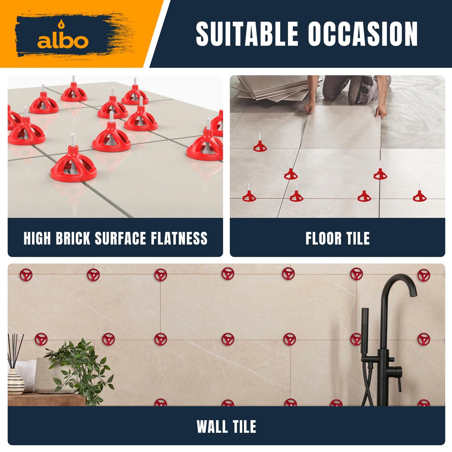 ALBO Tile Leveling System Set 1/16 inch - 200 PCS - Professional Floor & Wall Spacer Kit with Reusable Caps & Protection Plates - Anti-Lippage Installation Tools for Large and Small Tile Formats