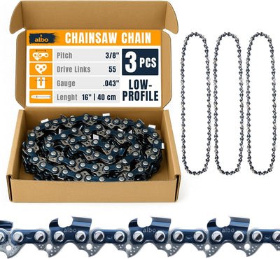 3/8" LP Pitch .043" Gauge 55DL 16" Chainsaw Chain 3 Pack – Low-Profile Full-Chisel Chrome Cutters, Reinforced Rivets, CE Certified – Fits Stihl MS170, MS171, MS180c Saws