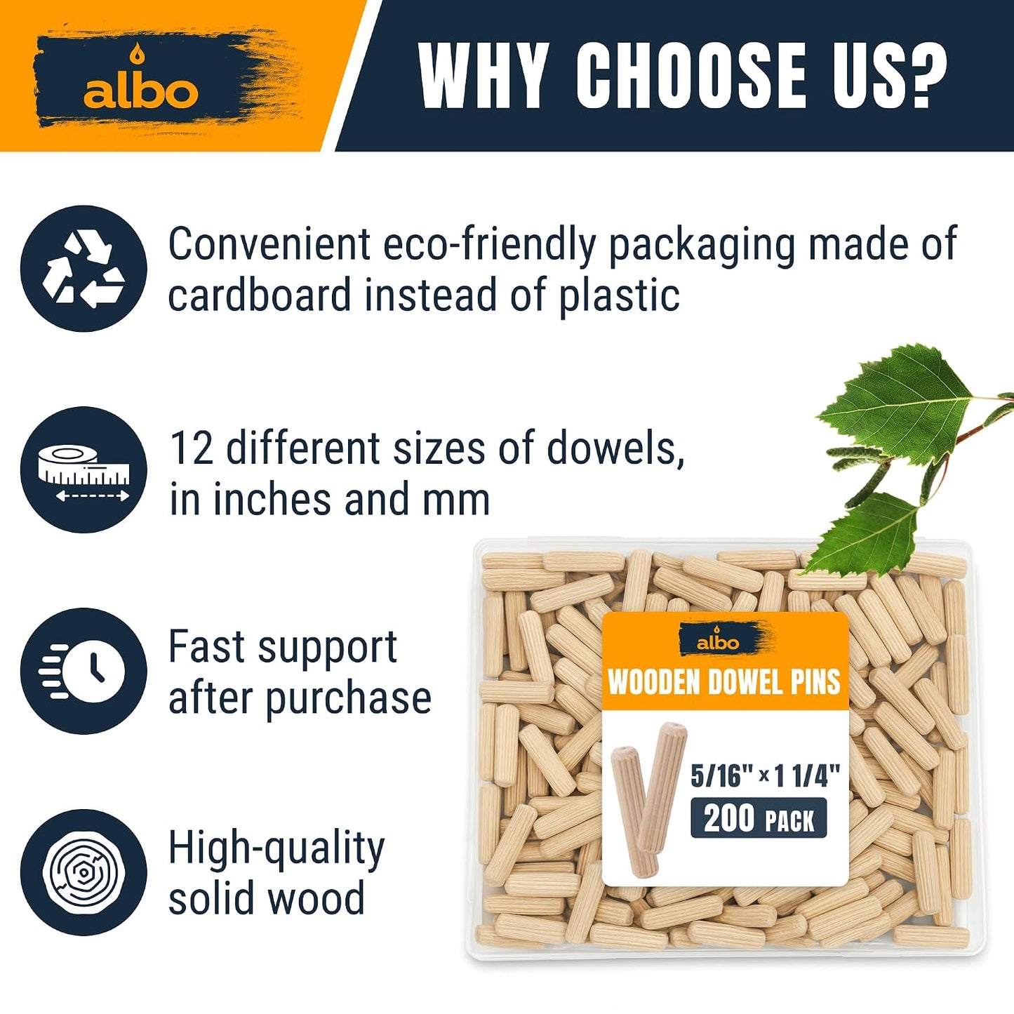 ALBO 200 Pcs. Fluted Wood Dowel Pins for Woodworking, 5/16 x 1-1/4 Inch