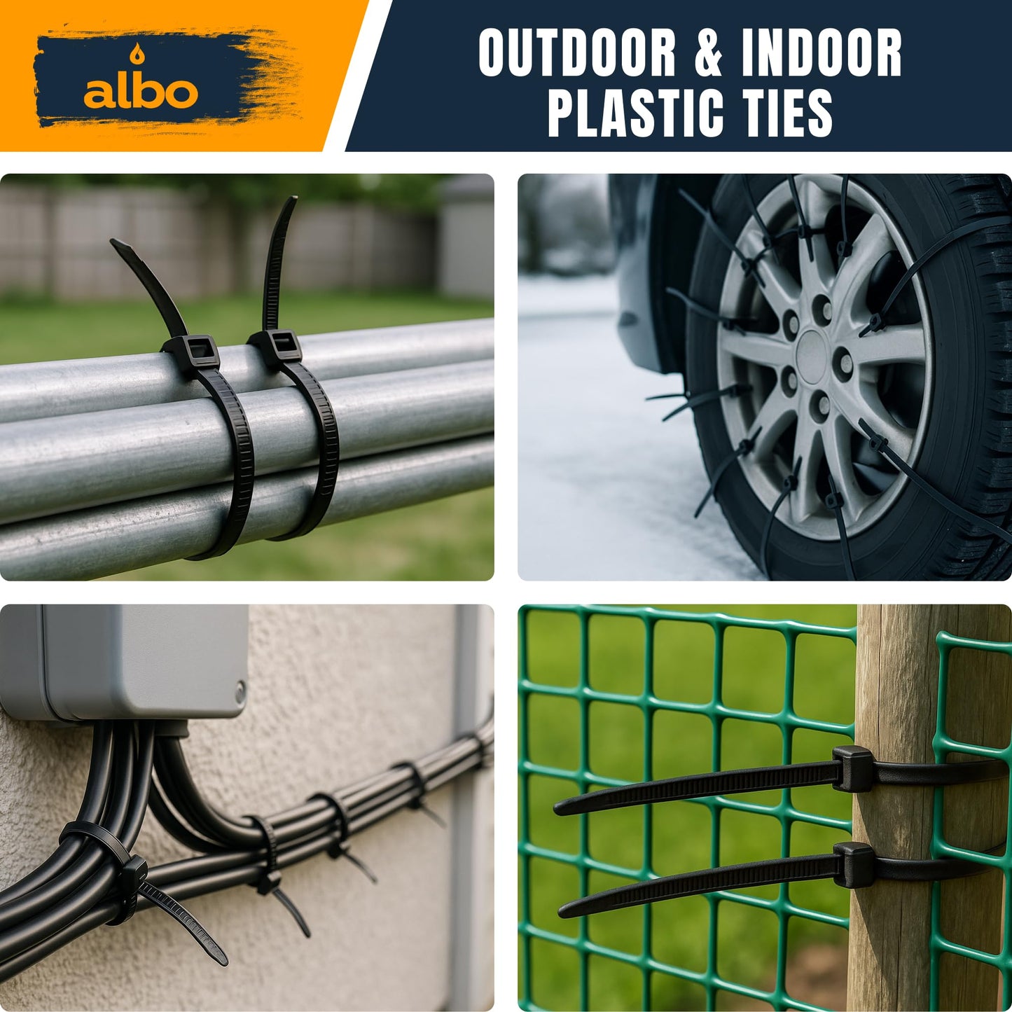 ALBO Zip Ties Black 24 Inch 100 Pack 200 lb, Long Plastic Cable Ties Thick 0,35 Inch Tie Wraps Heavy Duty UV Resistant Nylon Wire Ties for Indoor and Outdoor