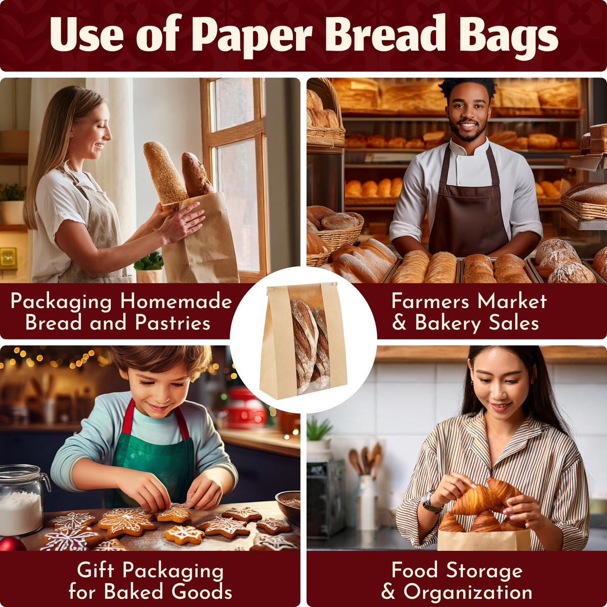 Brown Kraft Paper Bread Bags with Window & Tin Ties (50 Pack + Stickers) - 14x8.3x3.5" Bakery Storage Bags for Farmers Market, Cafe, Wedding Favors, Baguette & Pastry Shop Gift Packaging