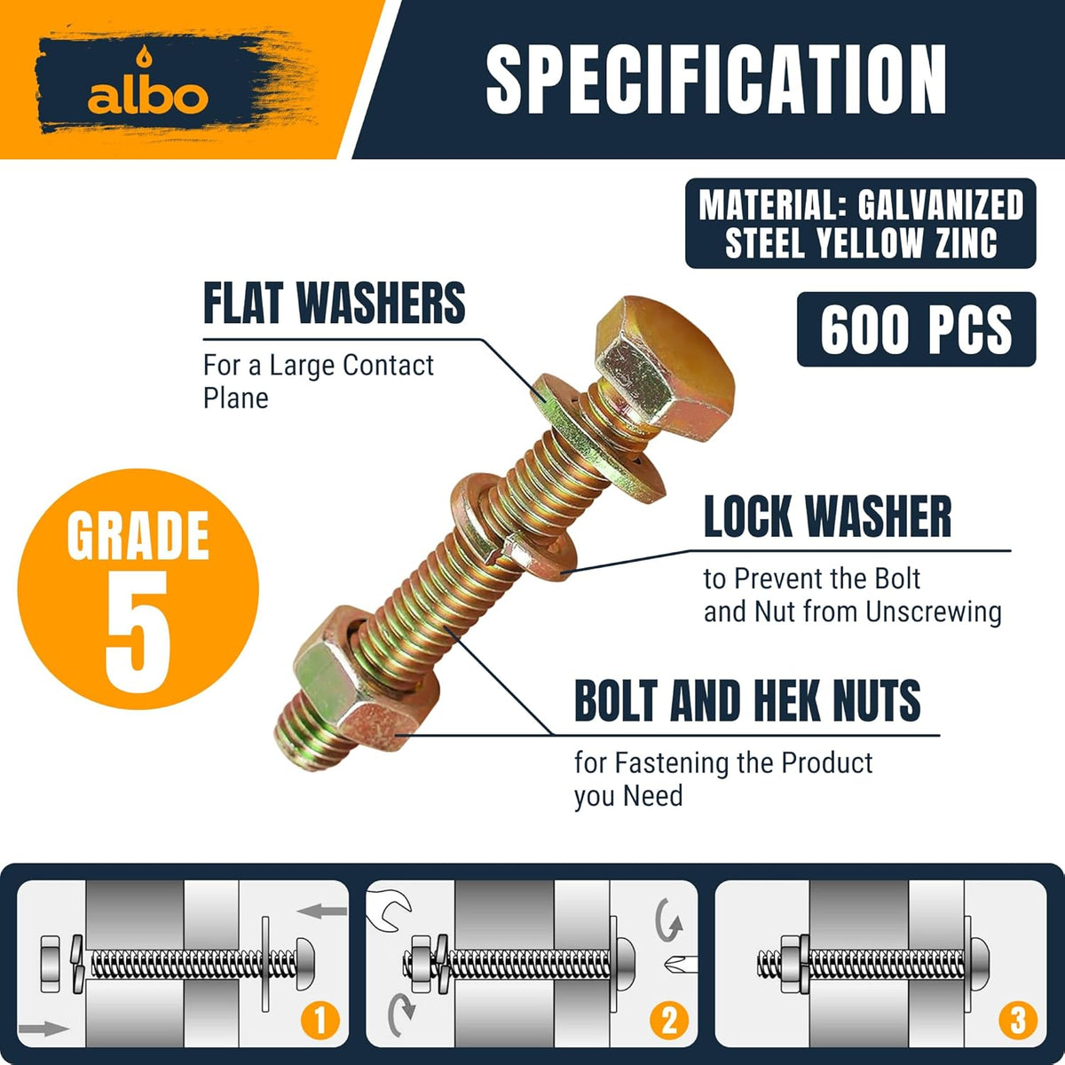 ALBO Grade 5 Yellow Zinc Hex Bolts and Nuts Assortment 1/4"-3/8", 1/2"-1-1/2" Lengths, 600pcs