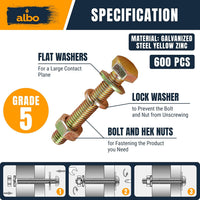 ALBO Grade 5 Yellow Zinc Hex Bolts and Nuts Assortment 1/4"-3/8", 1/2"-1-1/2" Lengths, 600pcs