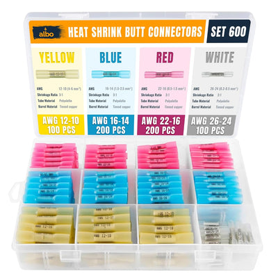 ALBO Heat Shrink Butt Connectors 26-10 AWG, Splice Connectors 0.2-6 mm?? Gauge, Set 4 Colors, 600 pcs