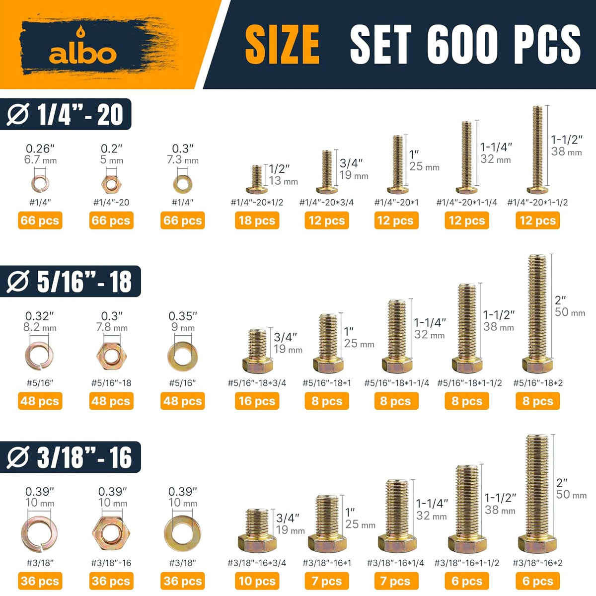 ALBO Grade 5 Yellow Zinc Hex Bolts and Nuts Assortment 1/4"-3/8", 1/2"-1-1/2" Lengths, 600pcs