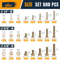 ALBO Grade 5 Yellow Zinc Hex Bolts and Nuts Assortment 1/4"-3/8", 1/2"-1-1/2" Lengths, 600pcs