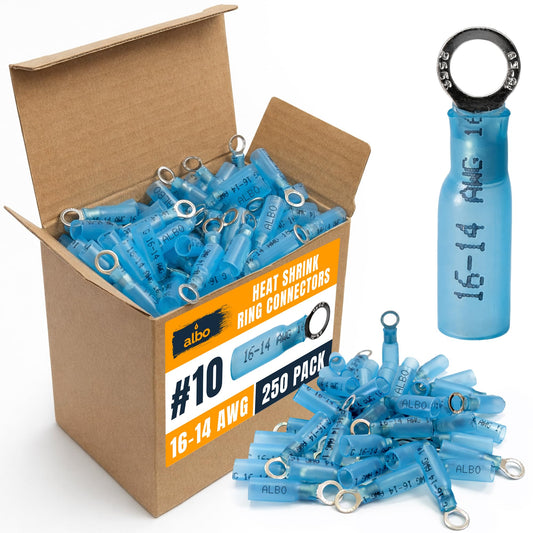 ALBO 250PCS #10 Blue Heat Shrink Ring Terminal Kit – 16-14 AWG Wire Terminal Connectors Assortment, Waterproof Tinned Copper Electrical Ring Connectors