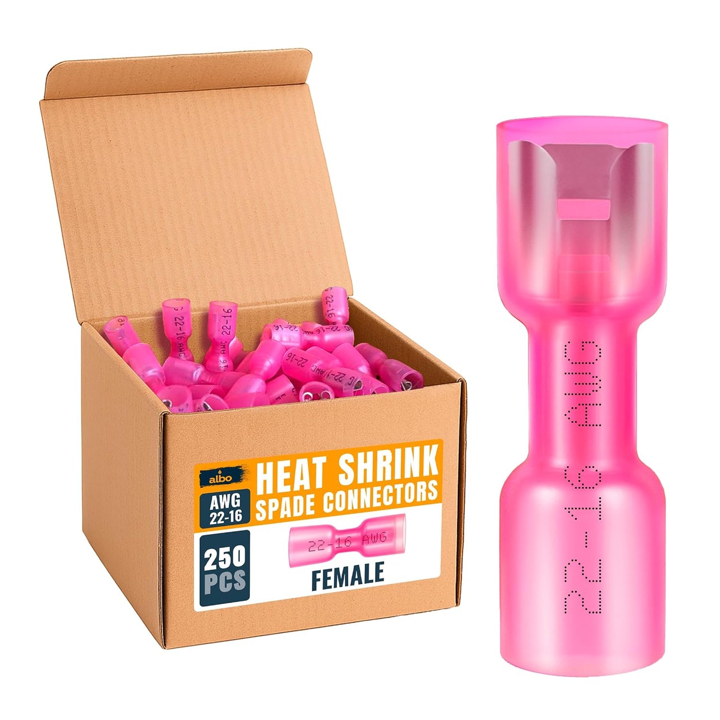 Albo Heat Shrink Male And Female Spade Connectors Kit, Red 22-16 AWG, 250 PCS
