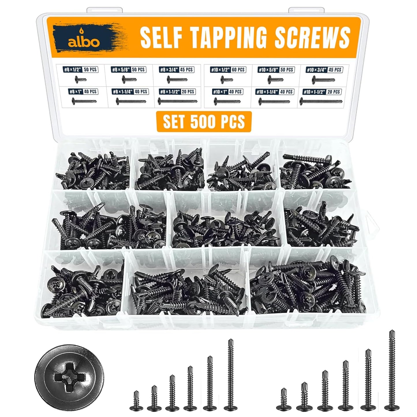 ALBO Black 410 Stainless Steel Self-Tapping Metal Screws 500pcs